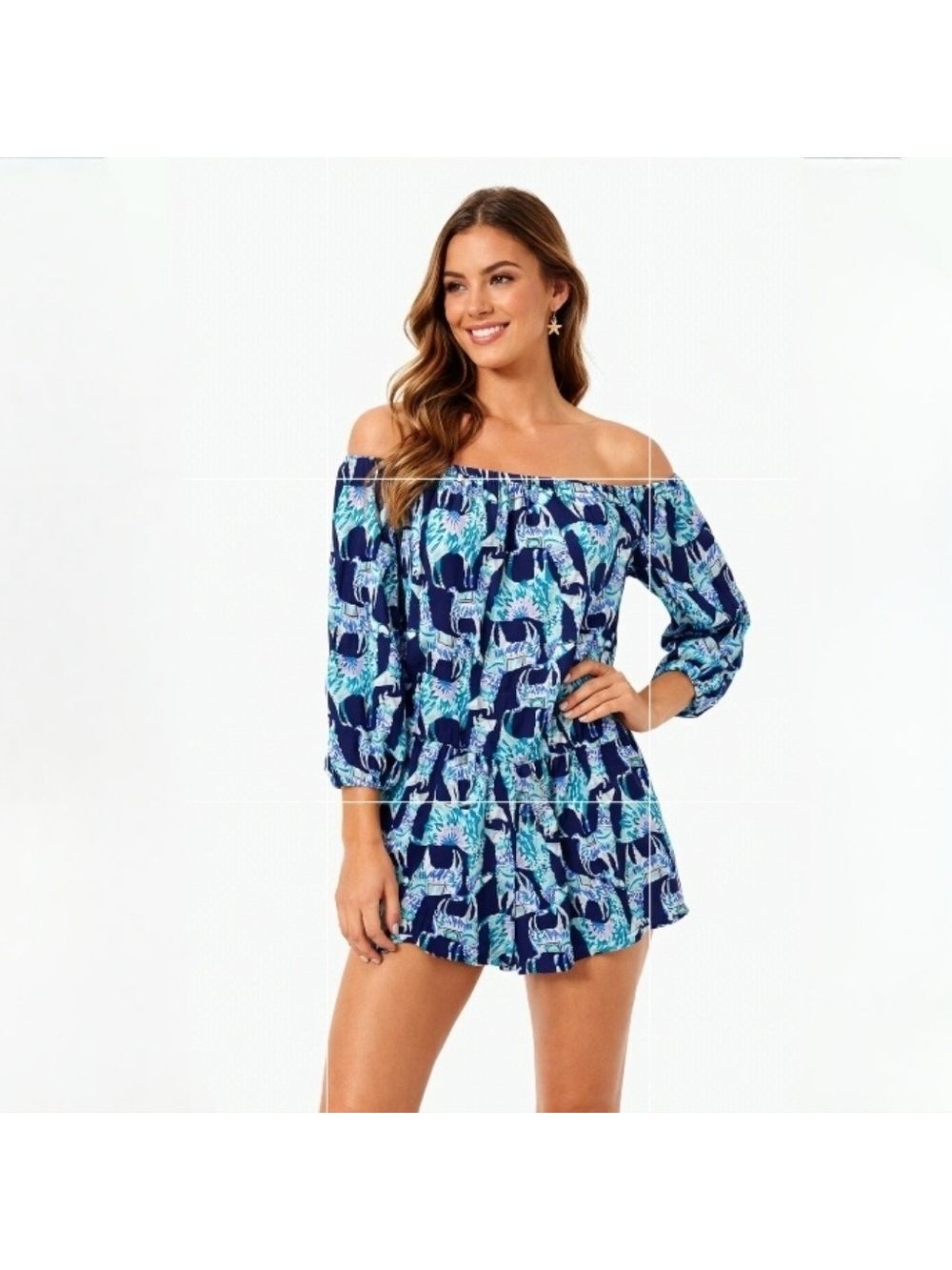 Lilly Pulitzer Lana Off-Shoulder Llama Alpaca Print Shorts Romper Size XS